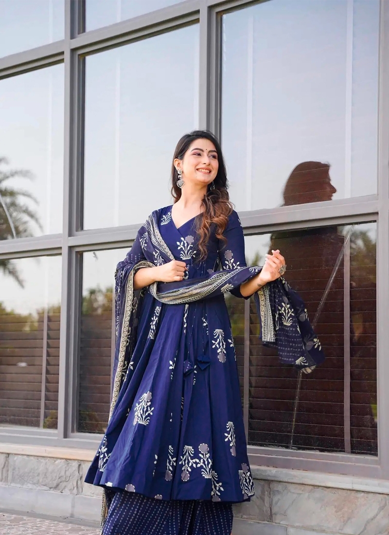 Pure muslin anarkali suit with heavy digital prints in blue