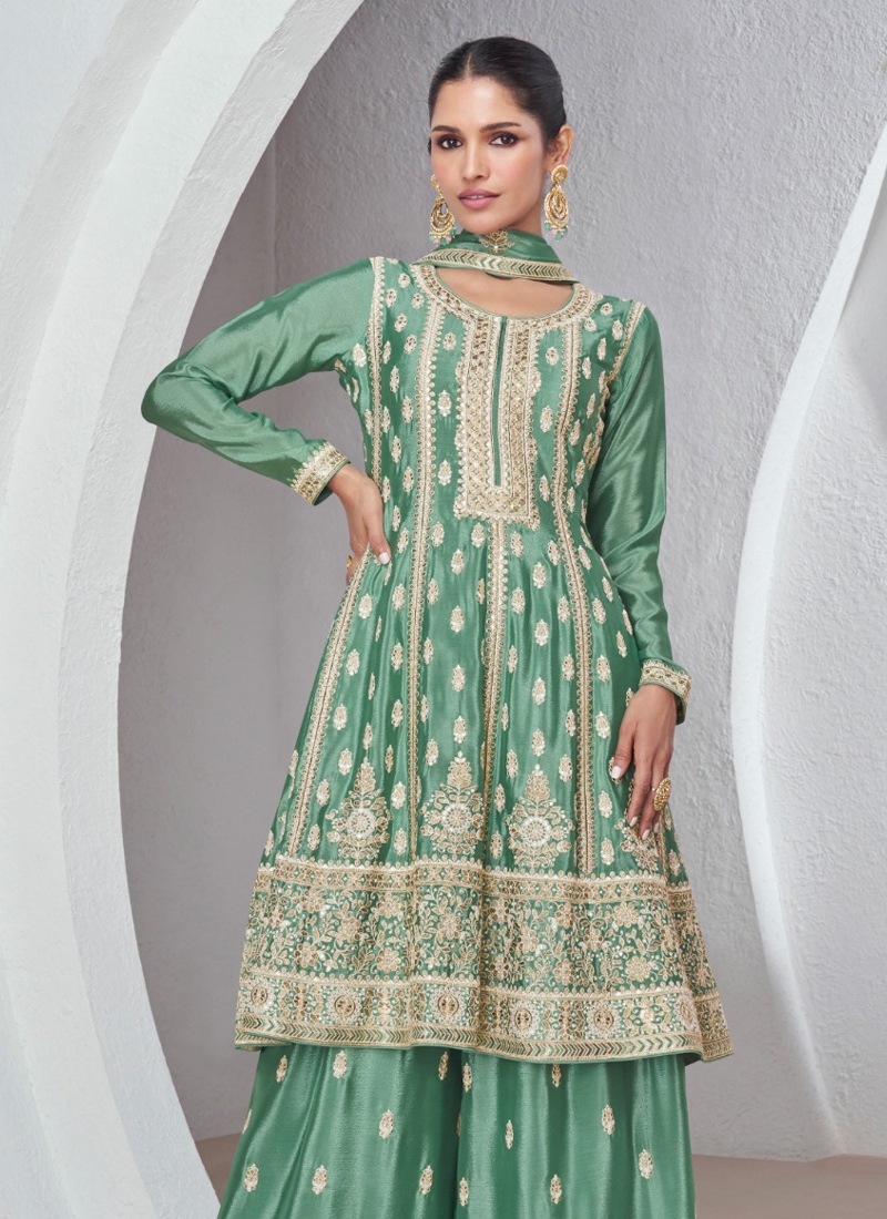 Trendy kurta palazzo set with pearl embroidery in green