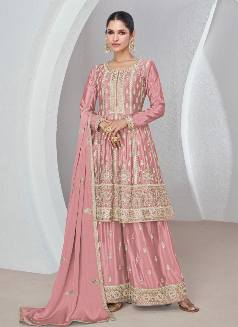 Trendy kurta palazzo set with pearl embroidery in pink