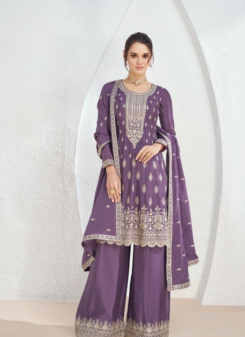 Stunning embroiderd chinon kurta palazzo set in light purple