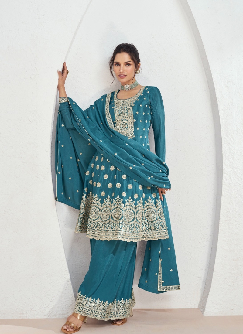 Stunning embroiderd chinon kurta palazzo set in blue