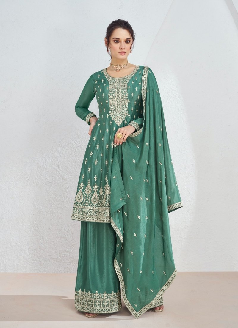 Stunning embroiderd chinon kurta palazzo set in green