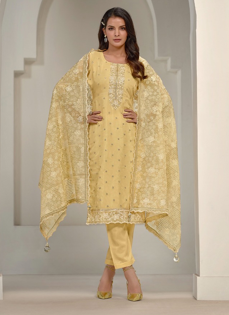 Gorgeous pant suit set with heavy embroidery in yellow