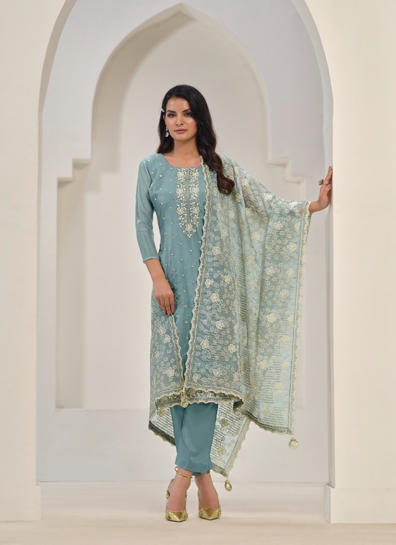 Gorgeous pant suit set with heavy embroidery in light blue