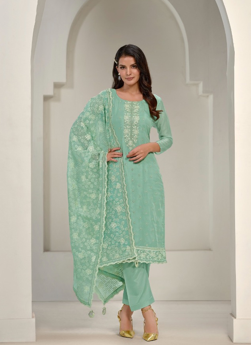 Gorgeous pant suit set with heavy embroidery in light green