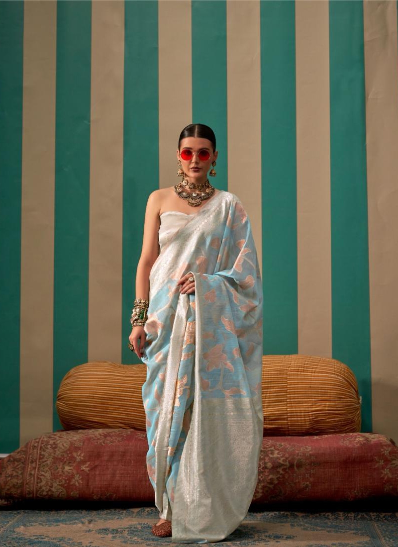 Exclusive casual wear saree with zari work in sky blue