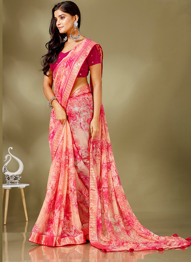 Designer floral printed casual saree in light pink