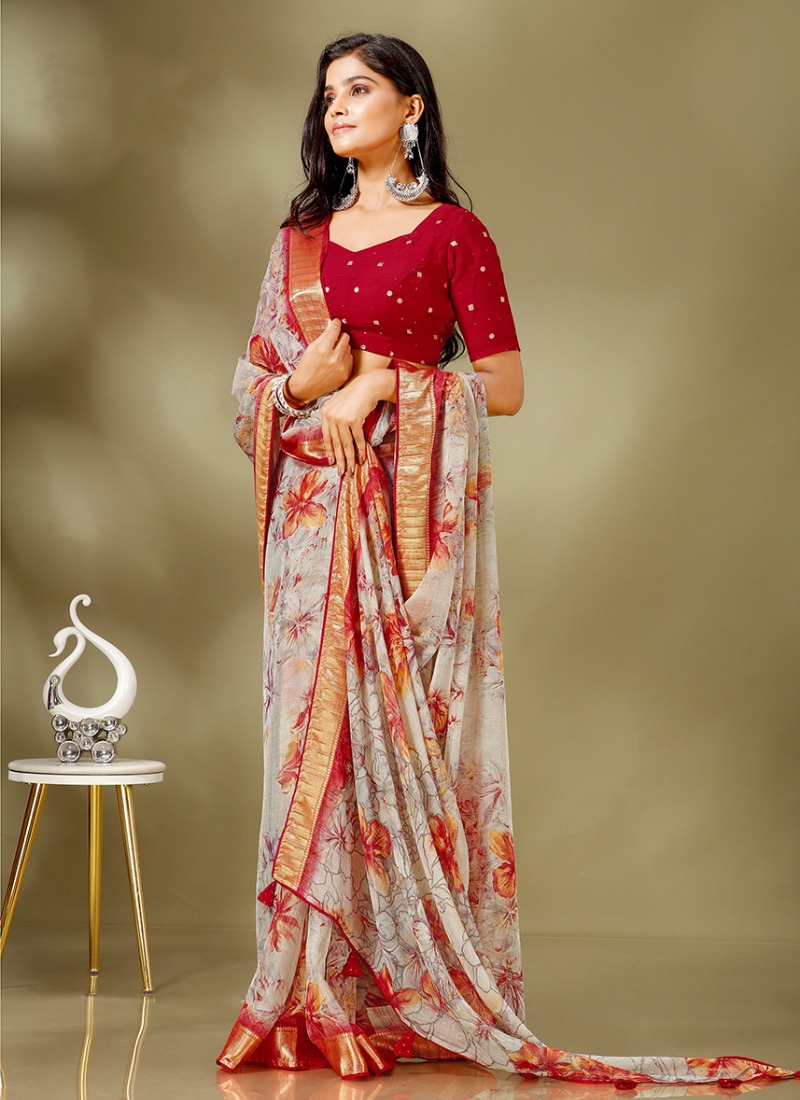 Designer floral printed casual saree in grey