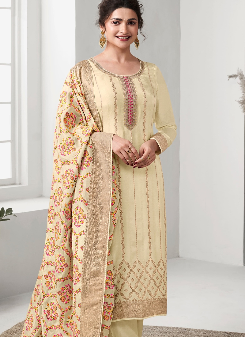 Stunning new jacquard border pant suit in cream