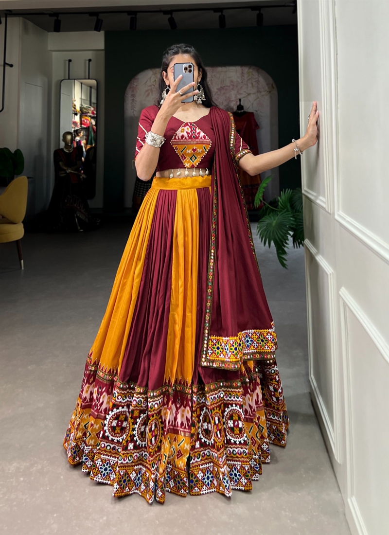 Navratri special lehenga choli with real mirror work in yellow