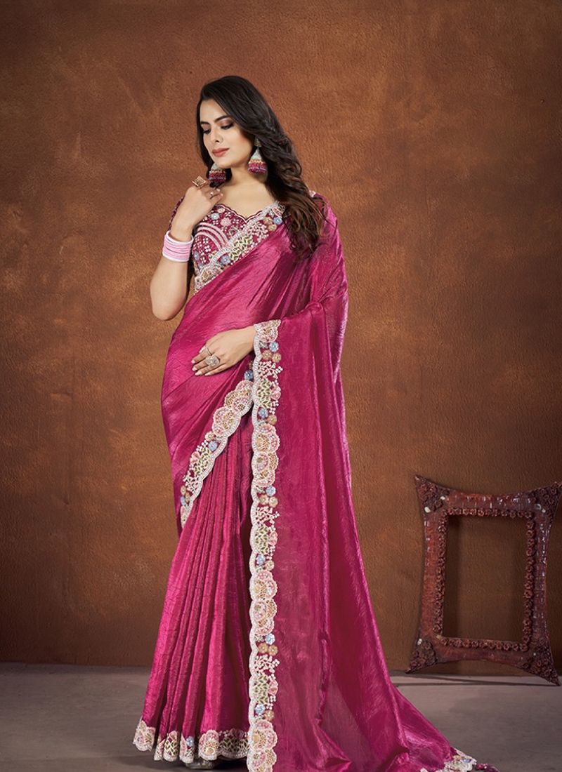 Stunning resham thread embroidered banarasi silk saree pink