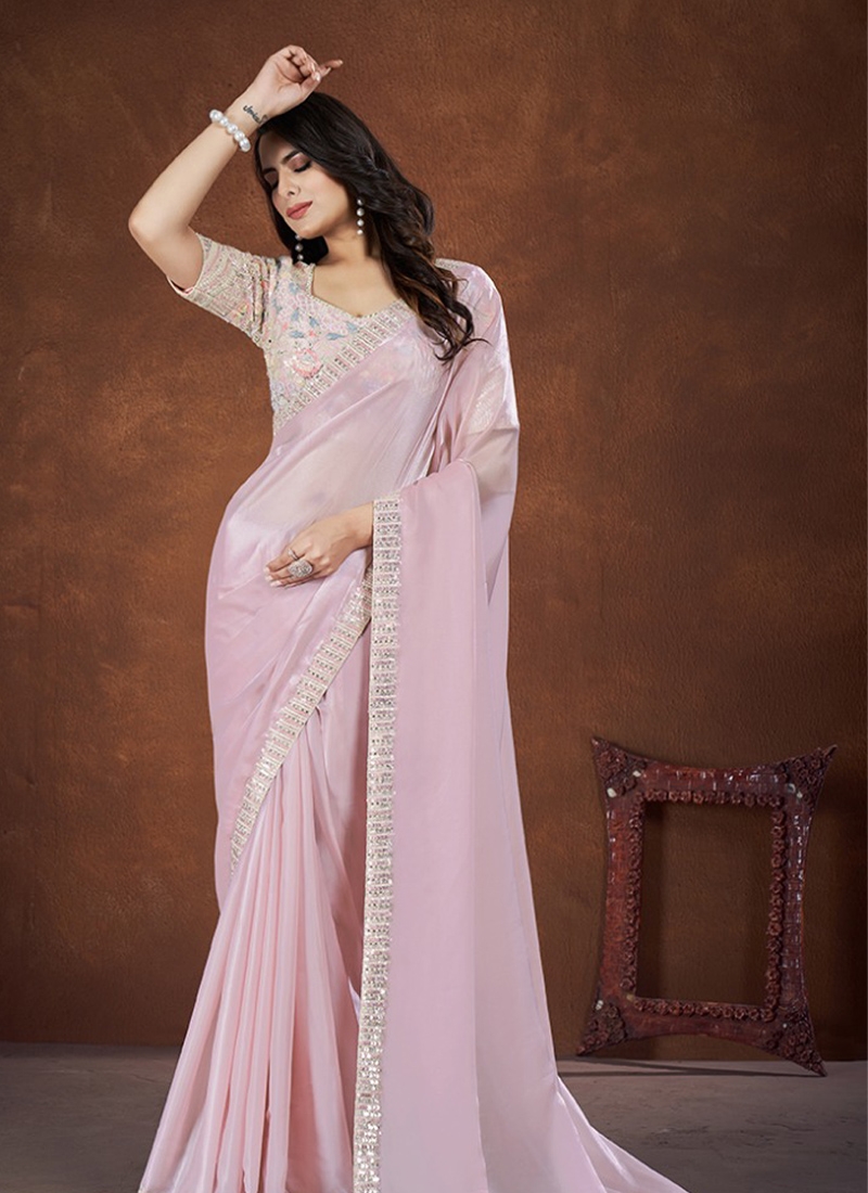 Stunning thread and sequins embroidered banarasi silk saree in baby pink