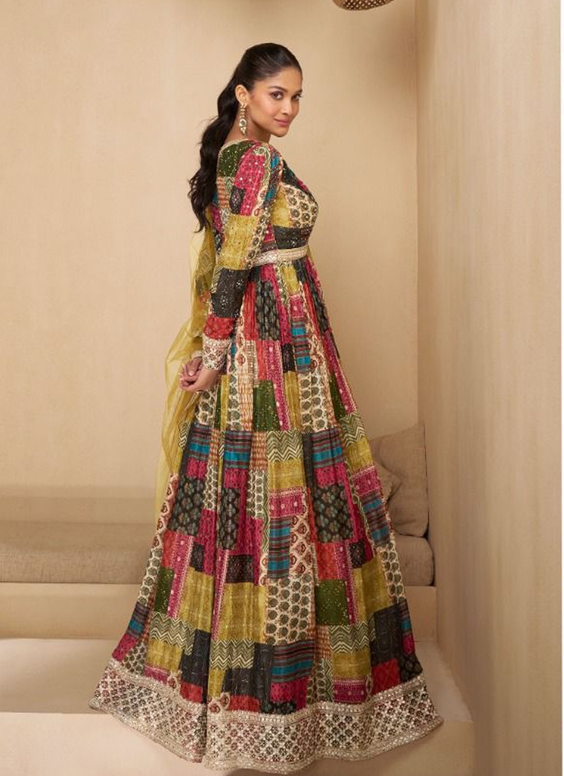 Trendy georgette anarkali kurta set with heavy embroidery in multi color