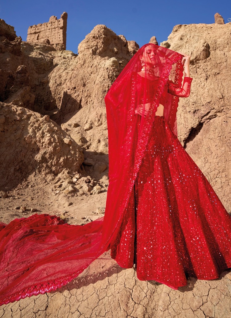 Amazing sequin net lehenga with mirror wok in red