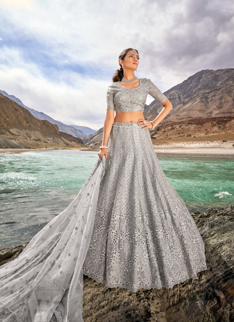 Amazing sequin net lehenga with mirror wok in slate grey