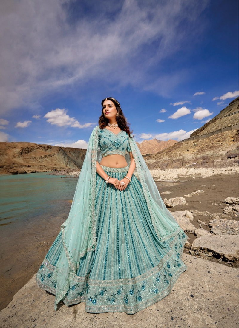 Amazing sequin net lehenga with mirror wok in sky blue