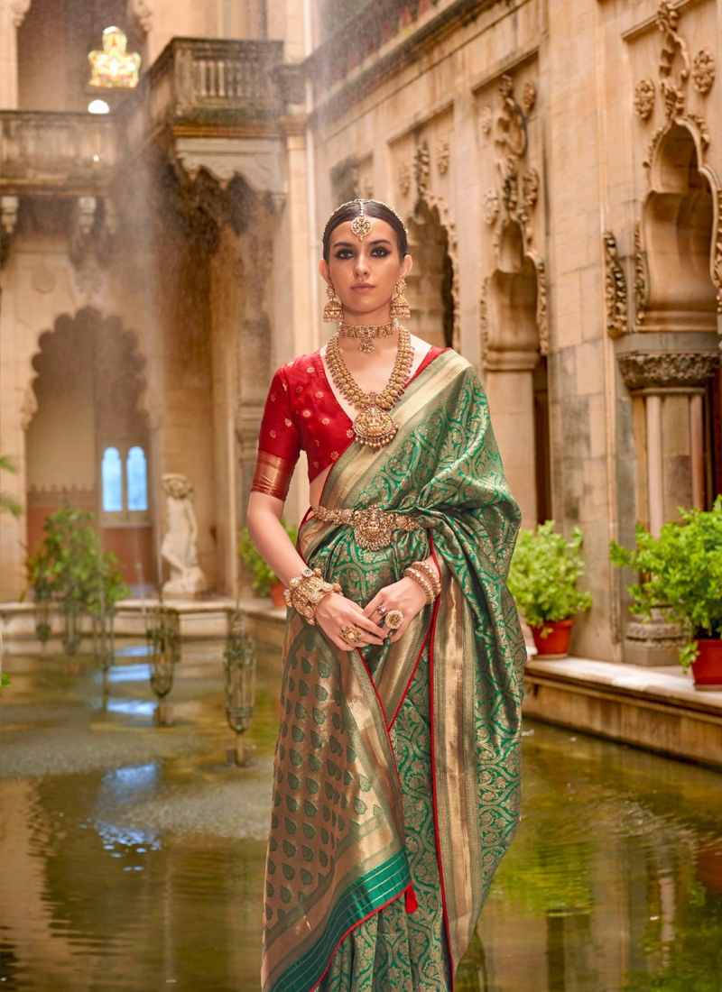 Stunning new silk saree with jacquard weaving in green