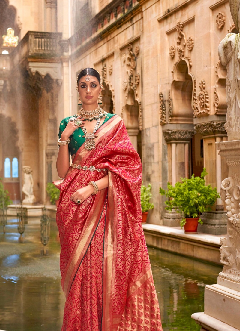 Stunning new silk saree with jacquard weaving in red