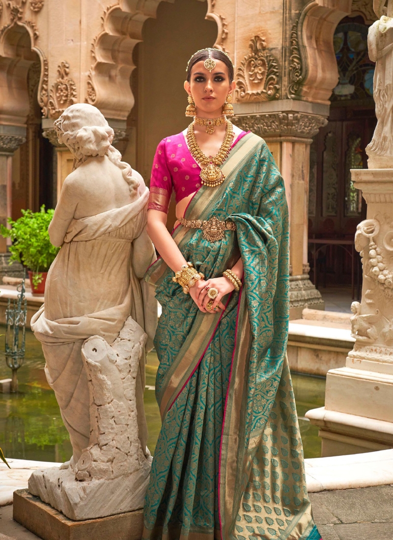 Stunning new silk saree with jacquard weaving in dark green