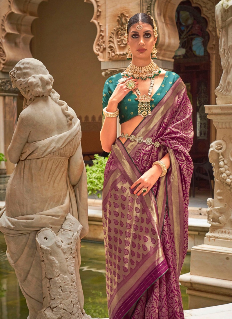 Stunning new silk saree with jacquard weaving in violet