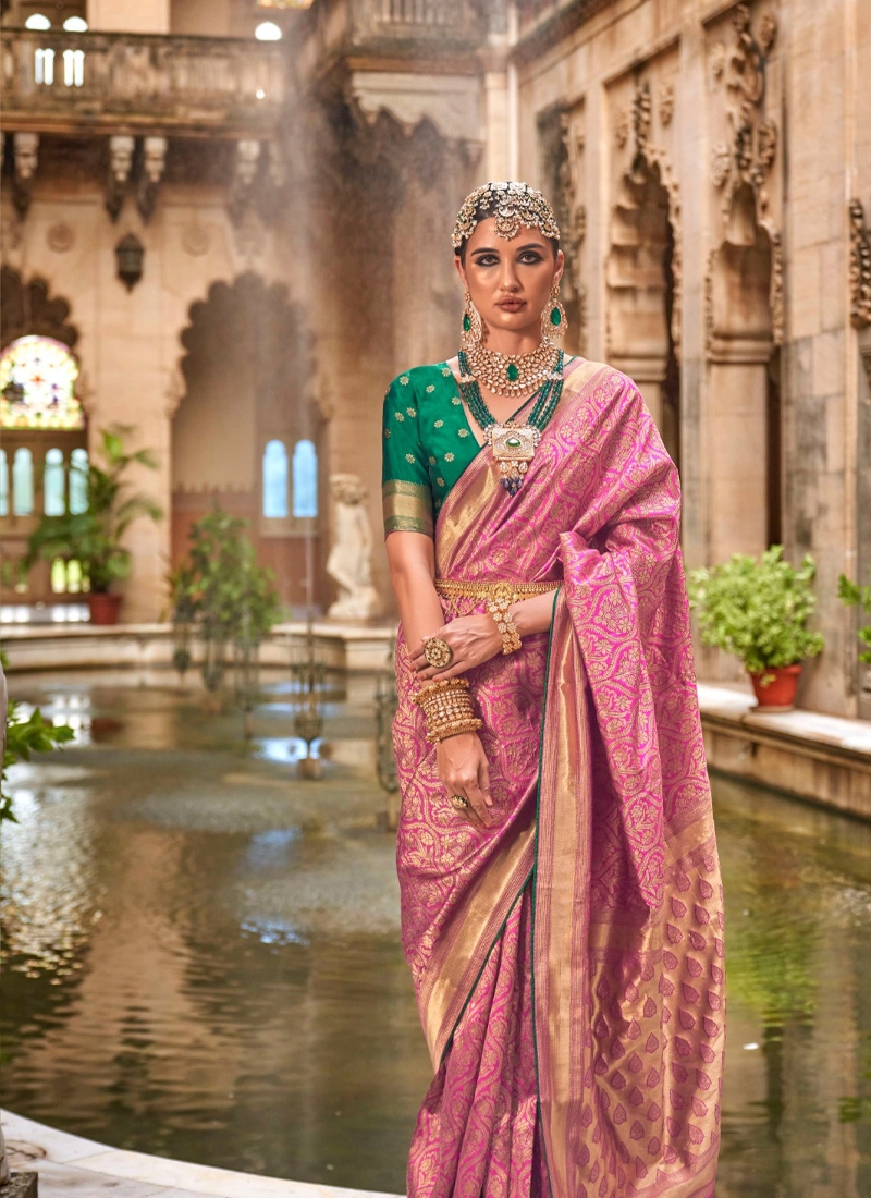 Stunning new silk saree with jacquard weaving in pink