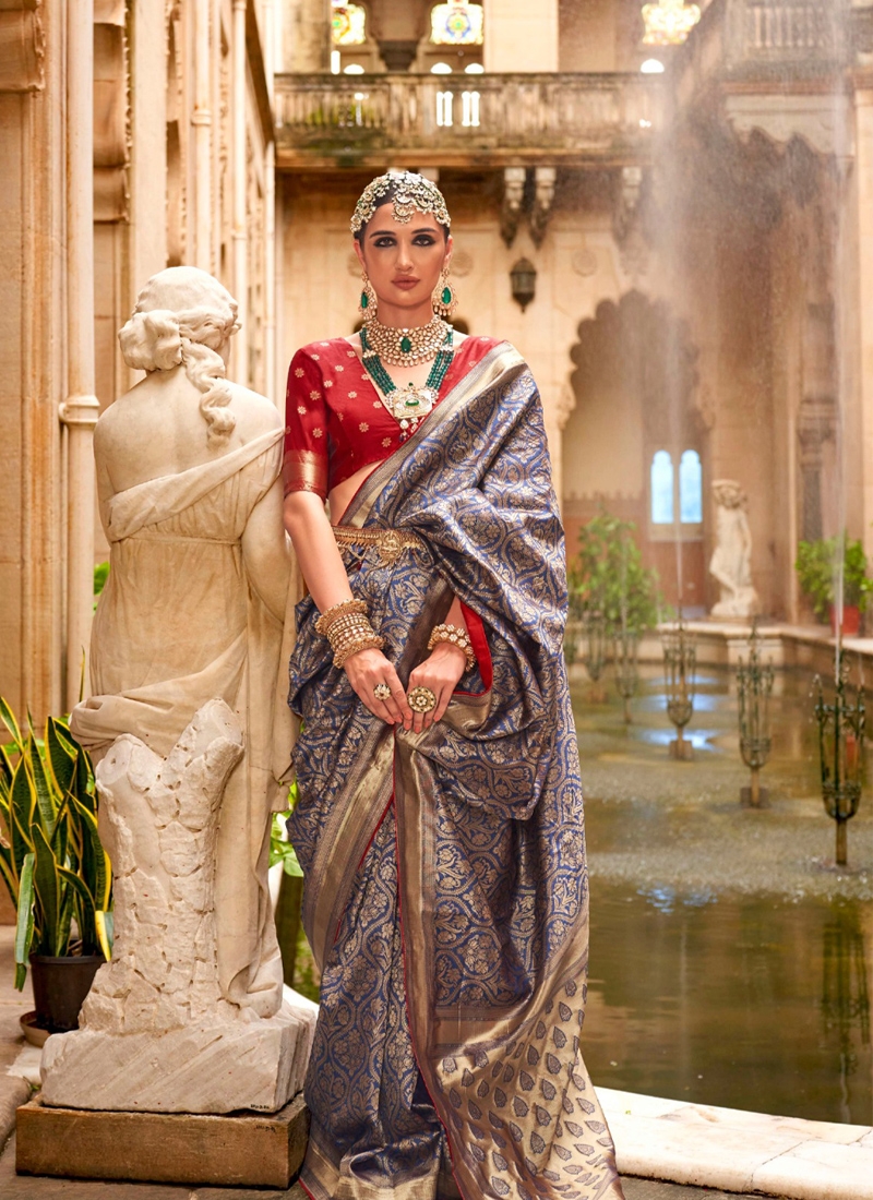 Stunning new silk saree with jacquard weaving in blue