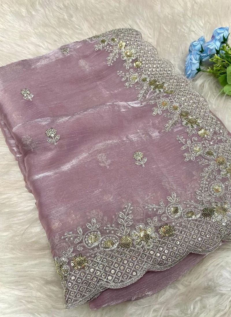 Beautiful zimmy choo silk saree with heavy embroidery in pink