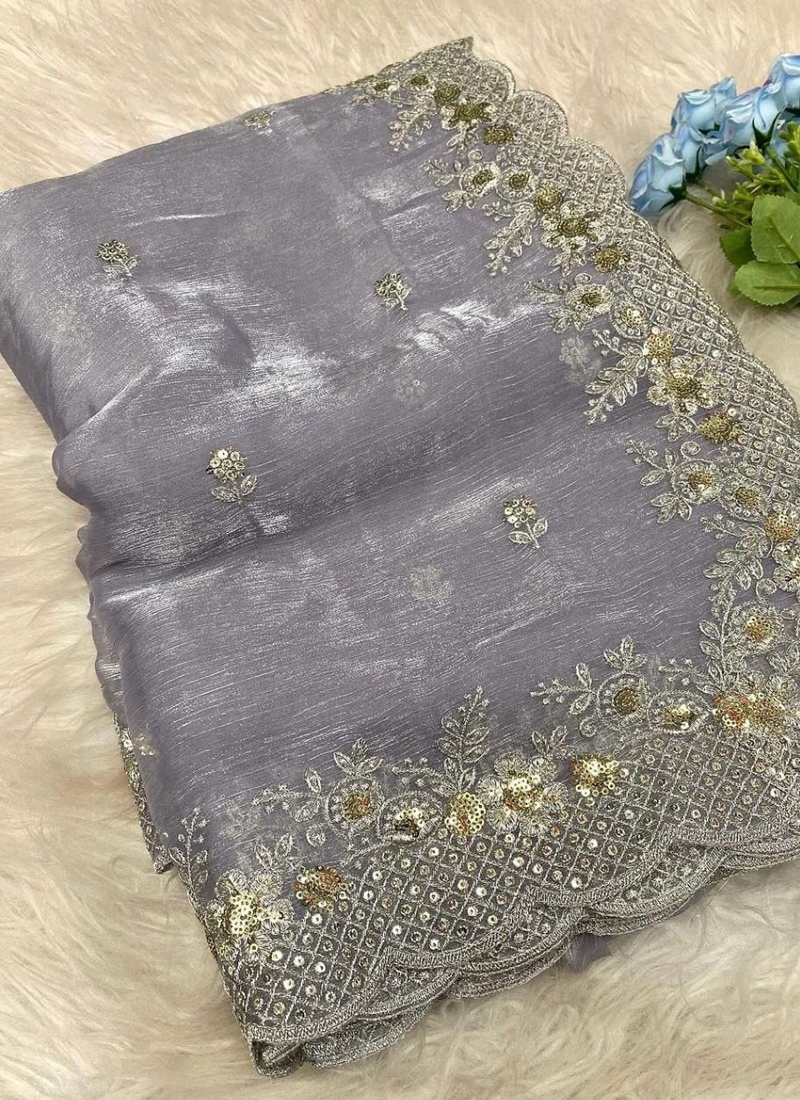 Beautiful zimmy choo silk saree with heavy embroidery in light purple