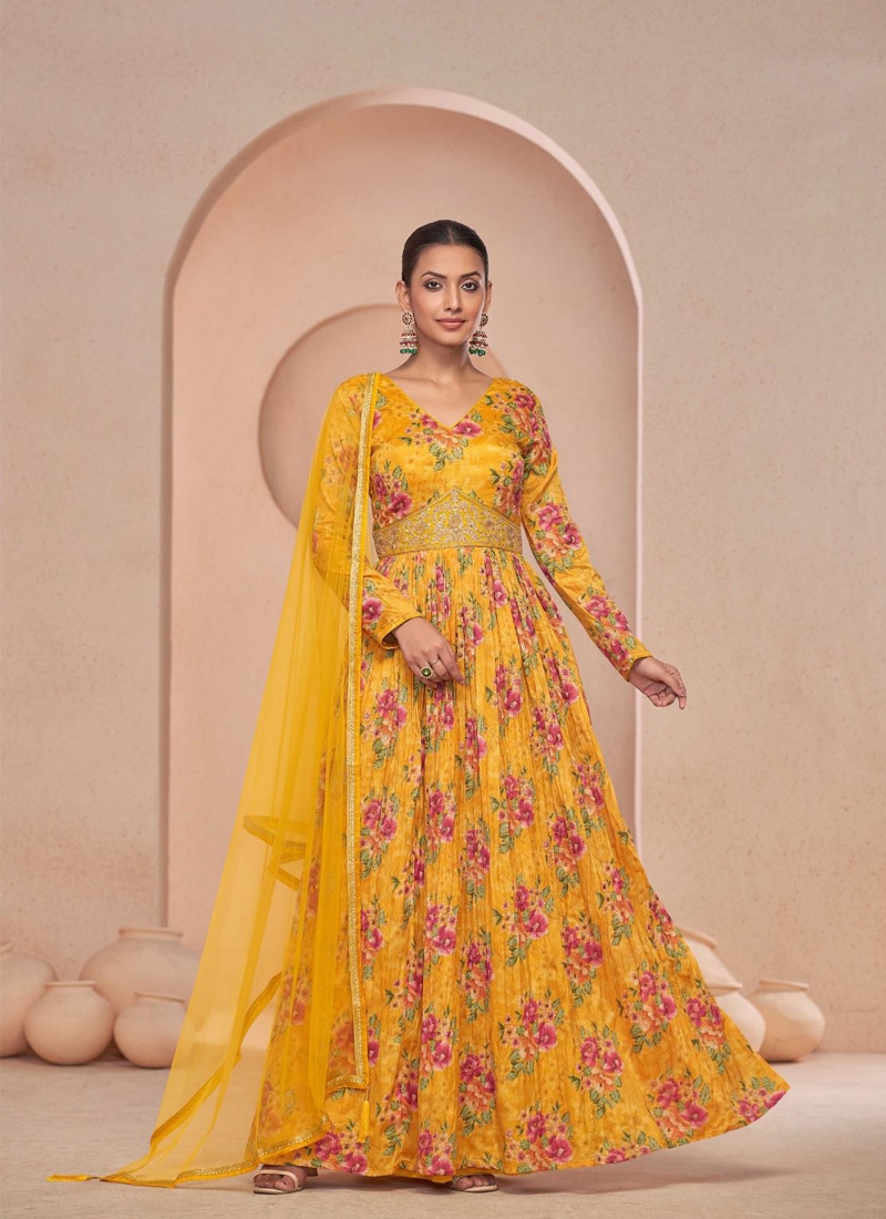 New floral digital printed anarkali suit set in yellow