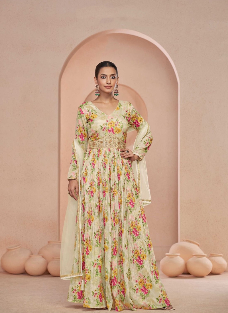 New floral digital printed anarkali suit set in off white