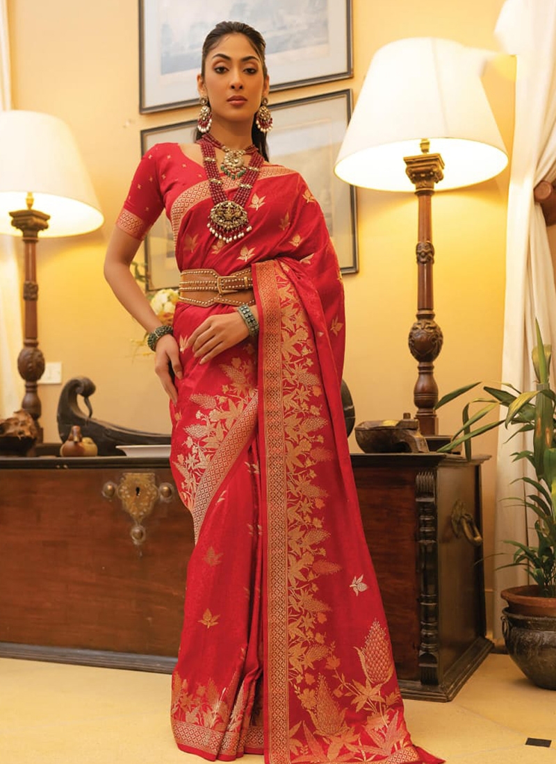 Trendy satin silk saree with hand weaving in red