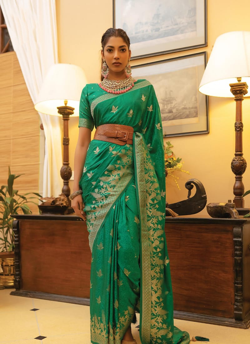 Trendy satin silk saree with hand weaving in green