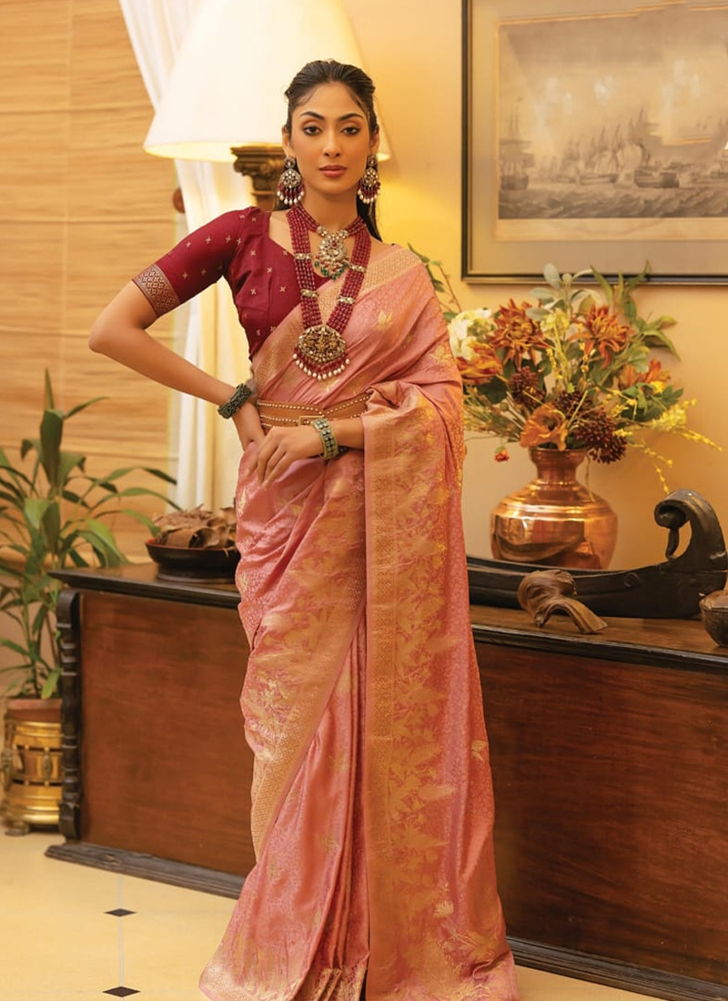 Trendy satin silk saree with hand weaving in light pink