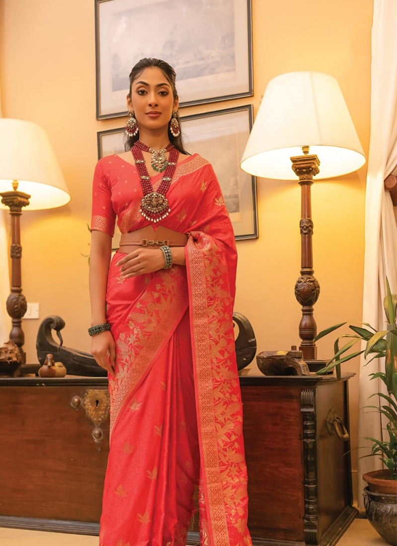 Trendy satin silk saree with hand weaving in pink