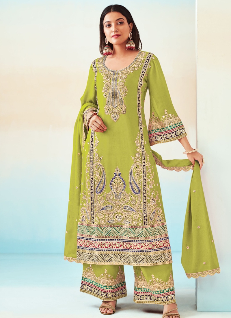 Modern Chinon palazzo set with heavy embroidery in parrot green