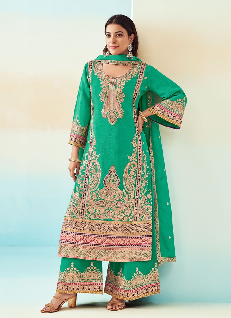 Modern Chinon palazzo set with heavy embroidery in green