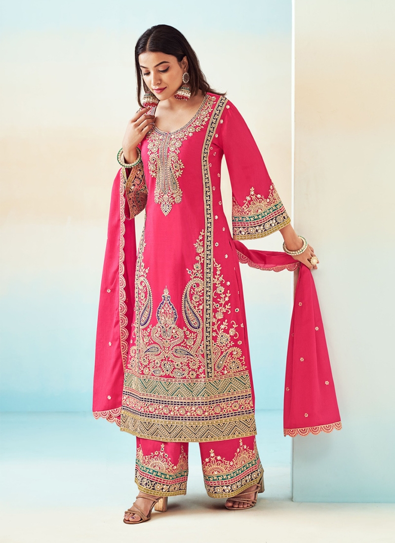 Modern Chinon palazzo set with heavy embroidery in pink