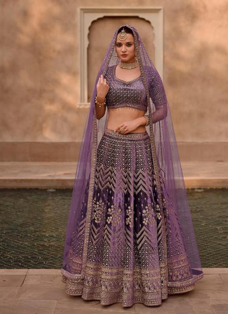 Pure viscose silk lehenga with crystal work in purple