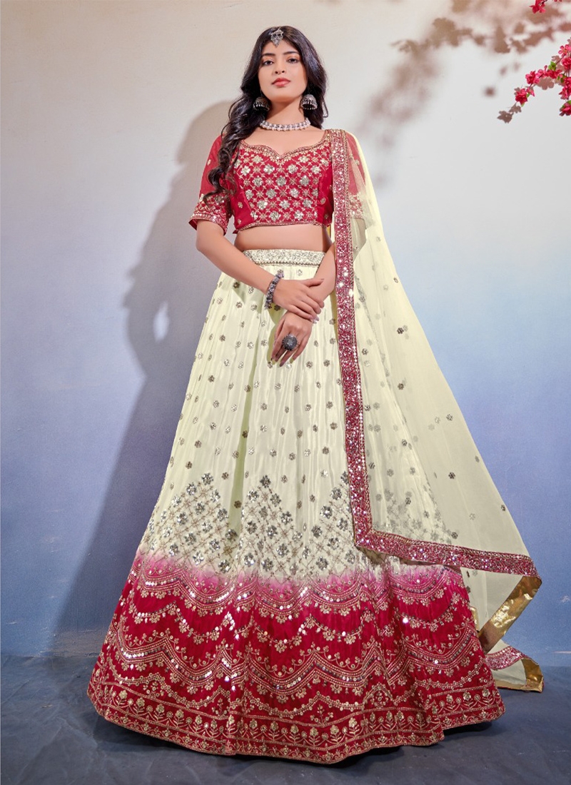 Chinon lehenga choli with butterfly dupatta in red