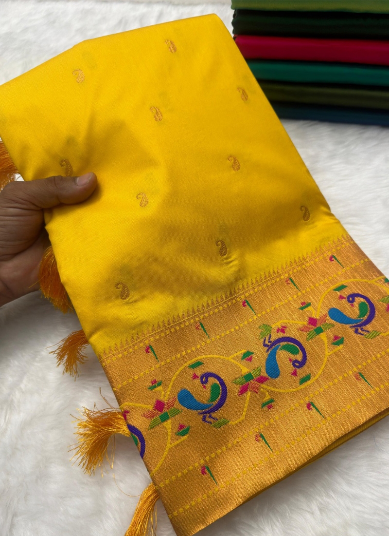 Beautiful paithani silk saree with meenakari design in yellow