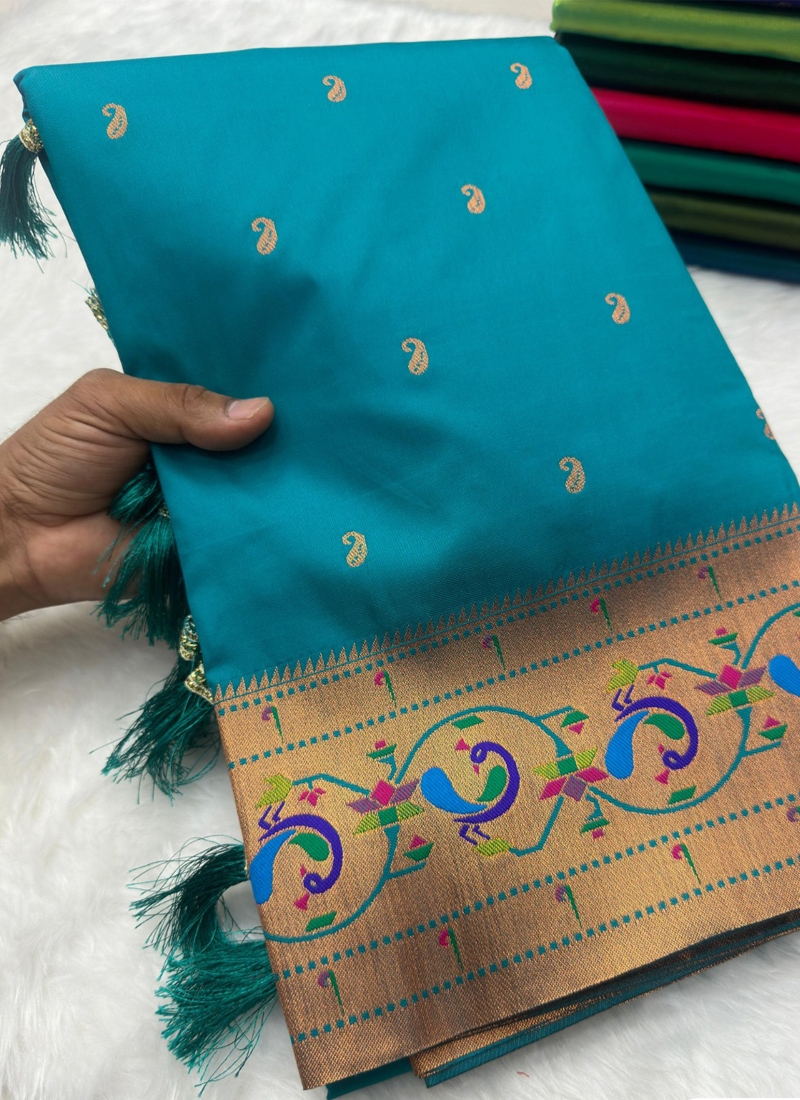 Beautiful paithani silk saree with meenakari design in light blue