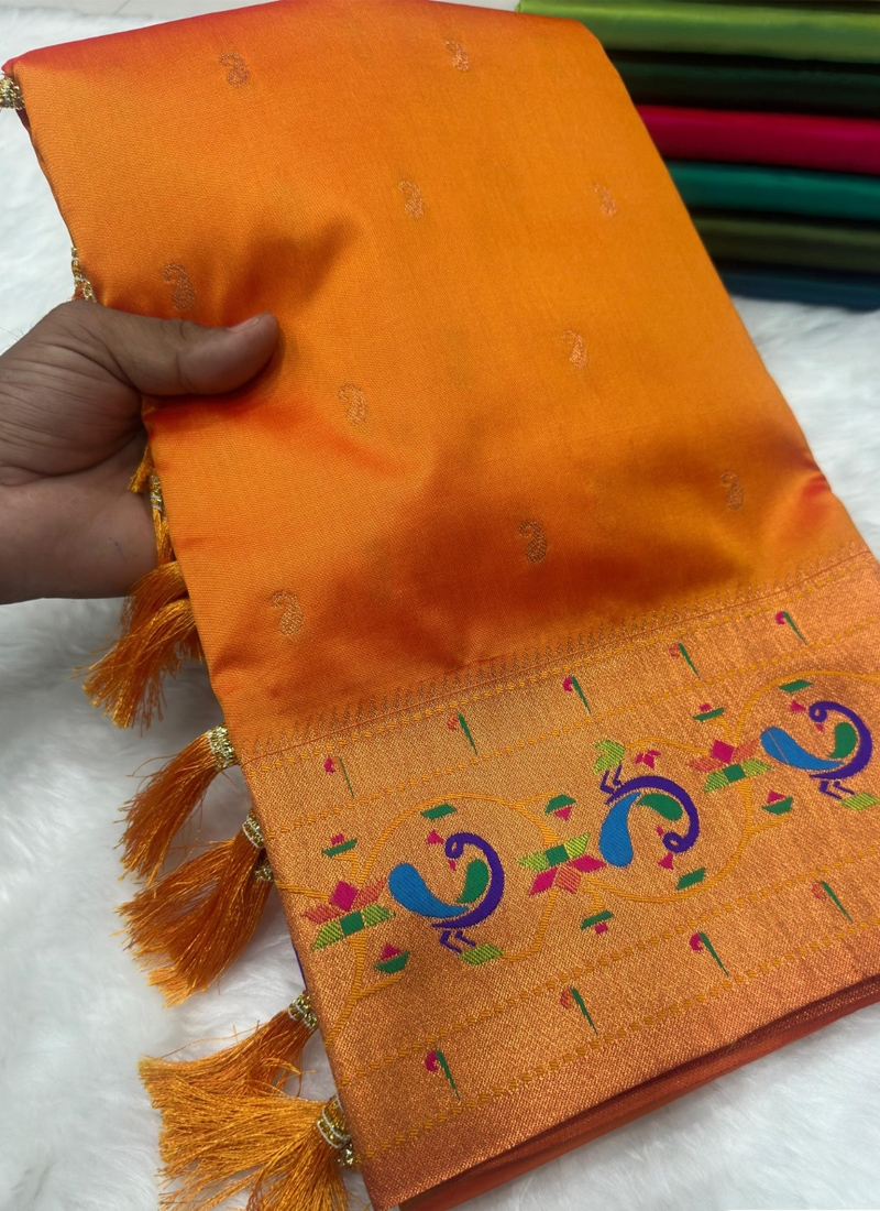 Beautiful paithani silk saree with meenakari design in orange