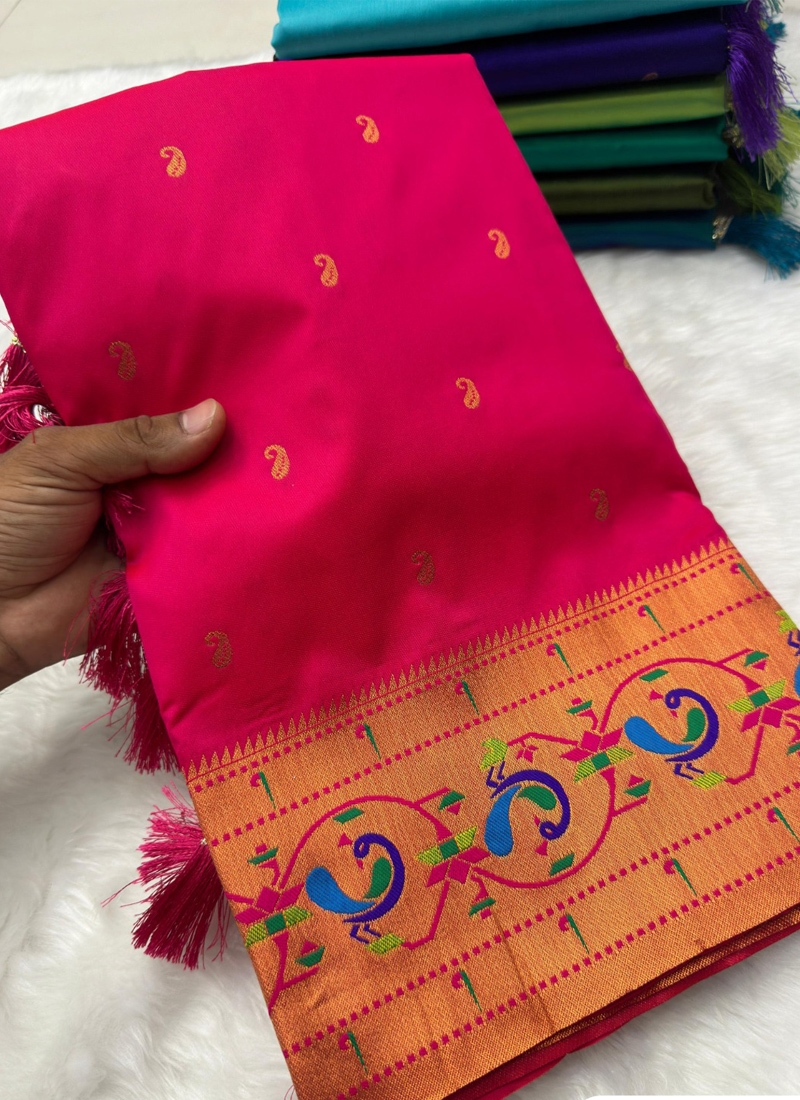 Beautiful paithani silk saree with meenakari design in pink