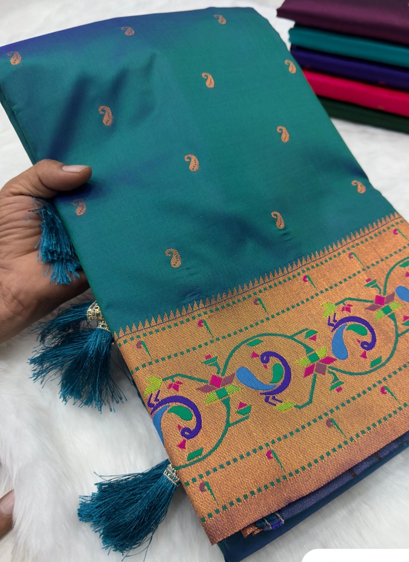 Beautiful paithani silk saree with meenakari design in teal blue