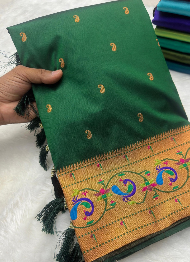 Beautiful paithani silk saree with meenakari design in dark green