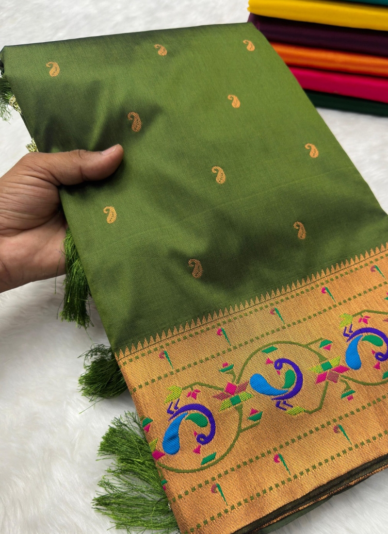 Beautiful paithani silk saree with meenakari design in parrot green