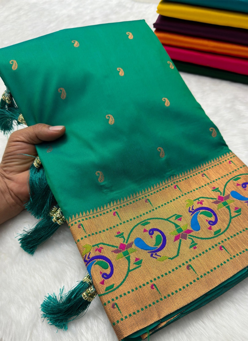 Beautiful paithani silk saree with meenakari design in light green