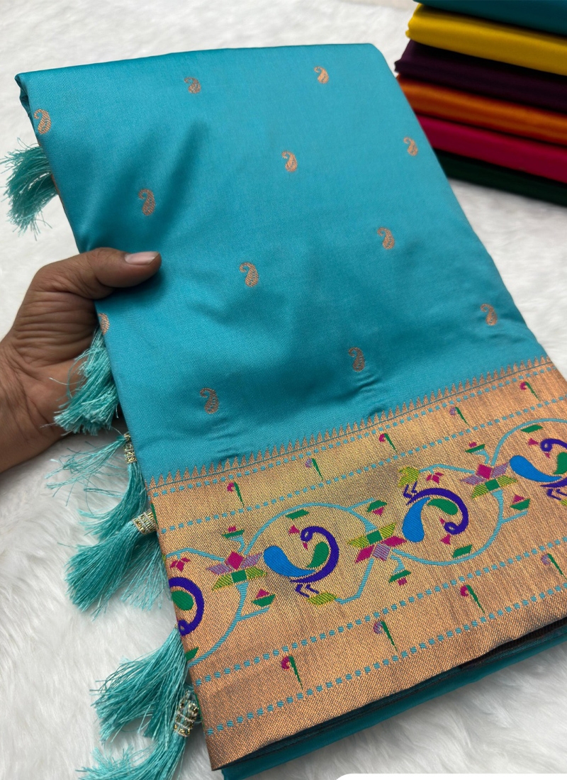 Beautiful paithani silk saree with meenakari design in sky blue
