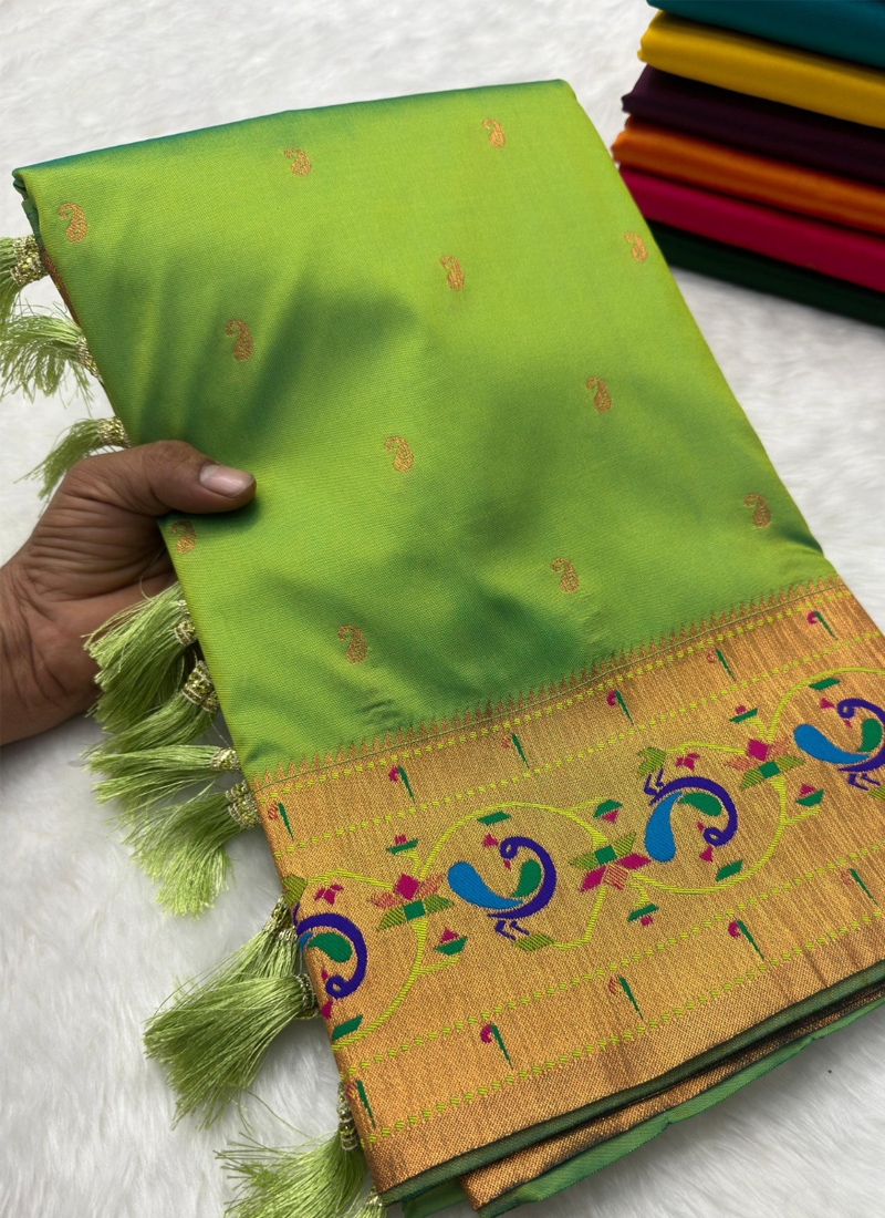 Beautiful paithani silk saree with meenakari design in green