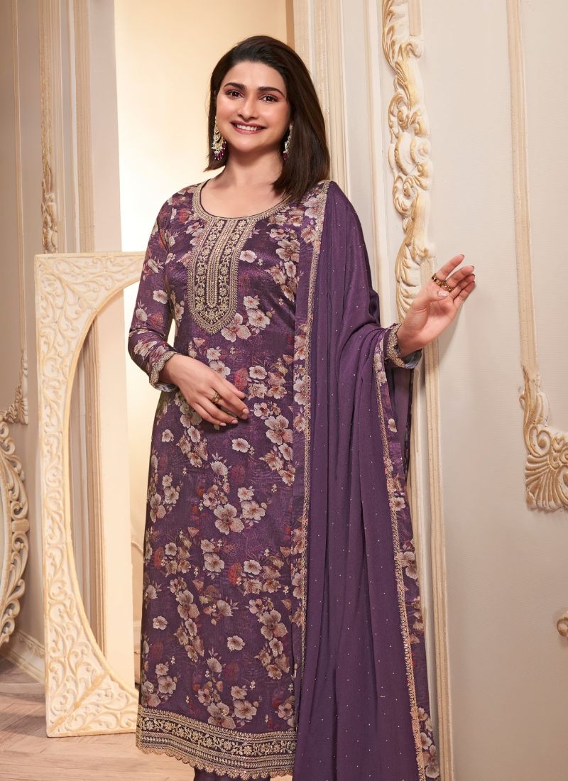 Pure chinon pant suit with digital printing in purple